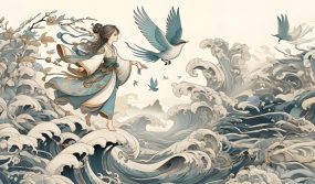 the mythical bird jingwei trying to fill up the sea with pebbles