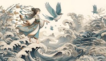 the mythical bird jingwei trying to fill up the sea with pebbles